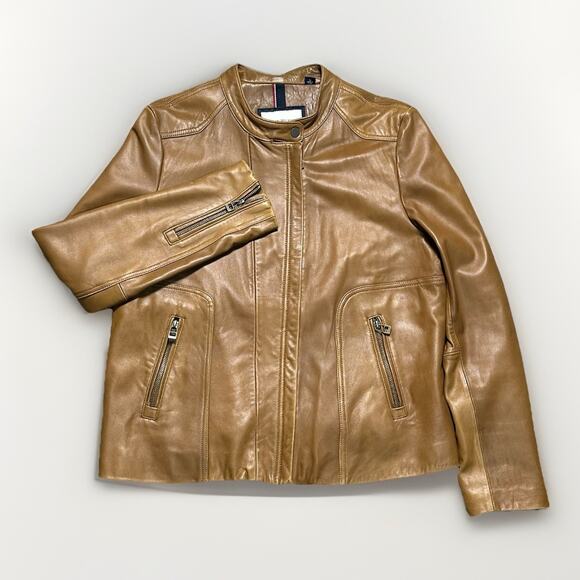Tommy Hilfiger American Classics Womens Sz XL Cognac Brown Leather Jacket Biker - Picture 1 of 6